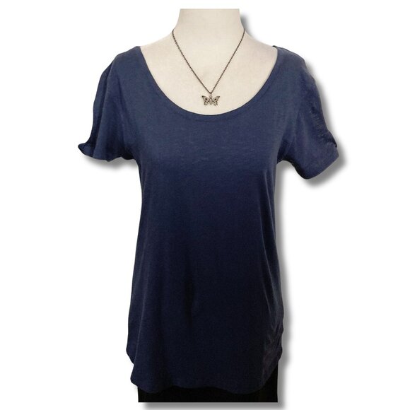 PHARAPHRASE Heathered dark blue peak-a-boo cutout sleeve t-shirt SMALL MEDIUM - Picture 1 of 15
